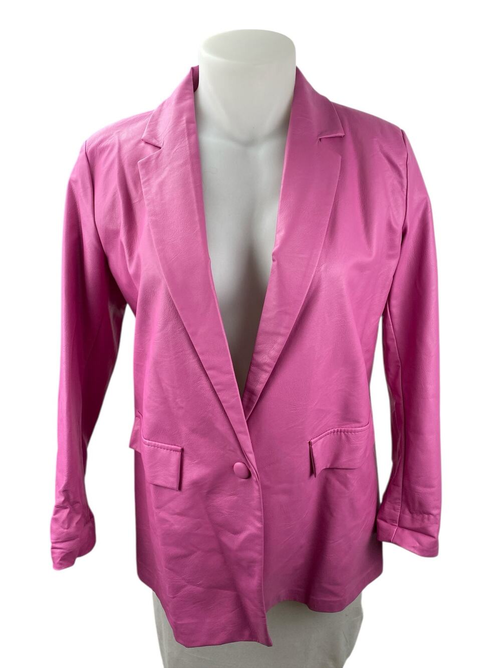 Boohoo Women's Pink Faux Leather Vegan Long Sleeve Blazer Coat Jacket Size 10
